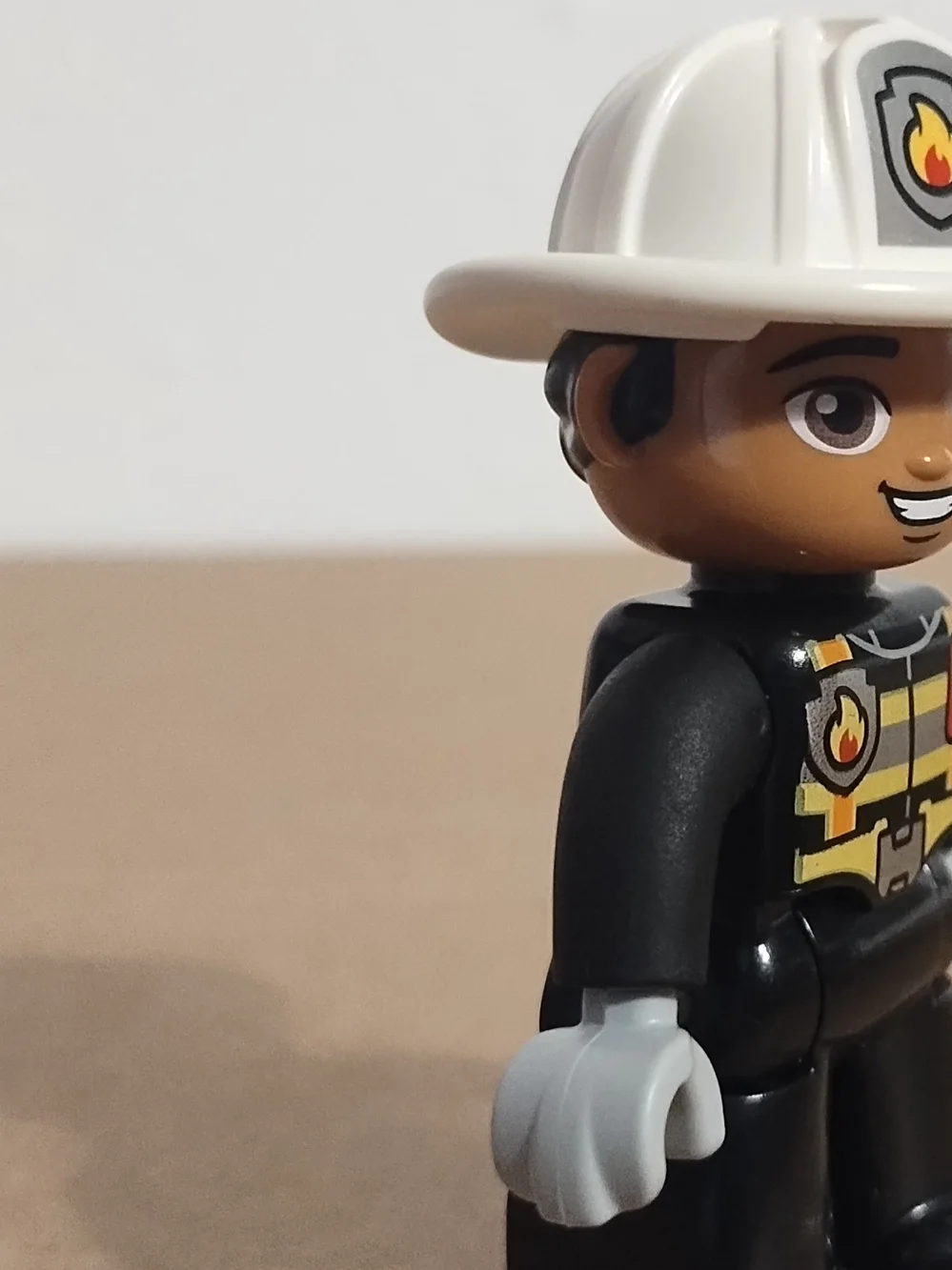 Lego Duplo Figure Fireman white hat (fire on hat) black uniform